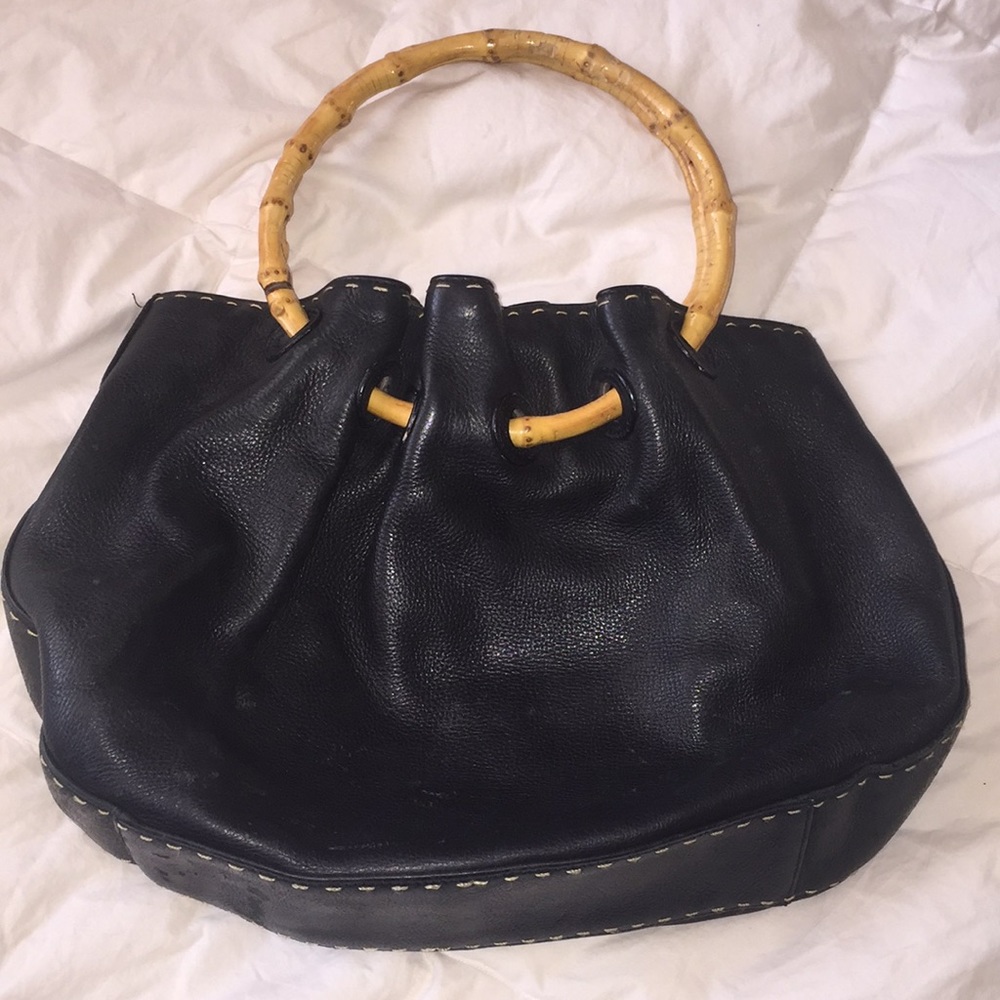 Fossil black leather bamboo handle purse 👛